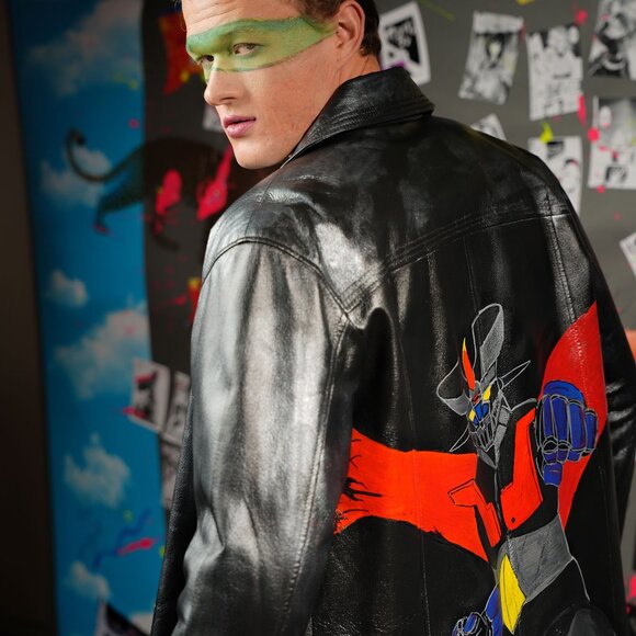 Upcycled Unisex Leather Jacket, Hand-Painted with Mazinger Print, Size L - Picture 1 of 11